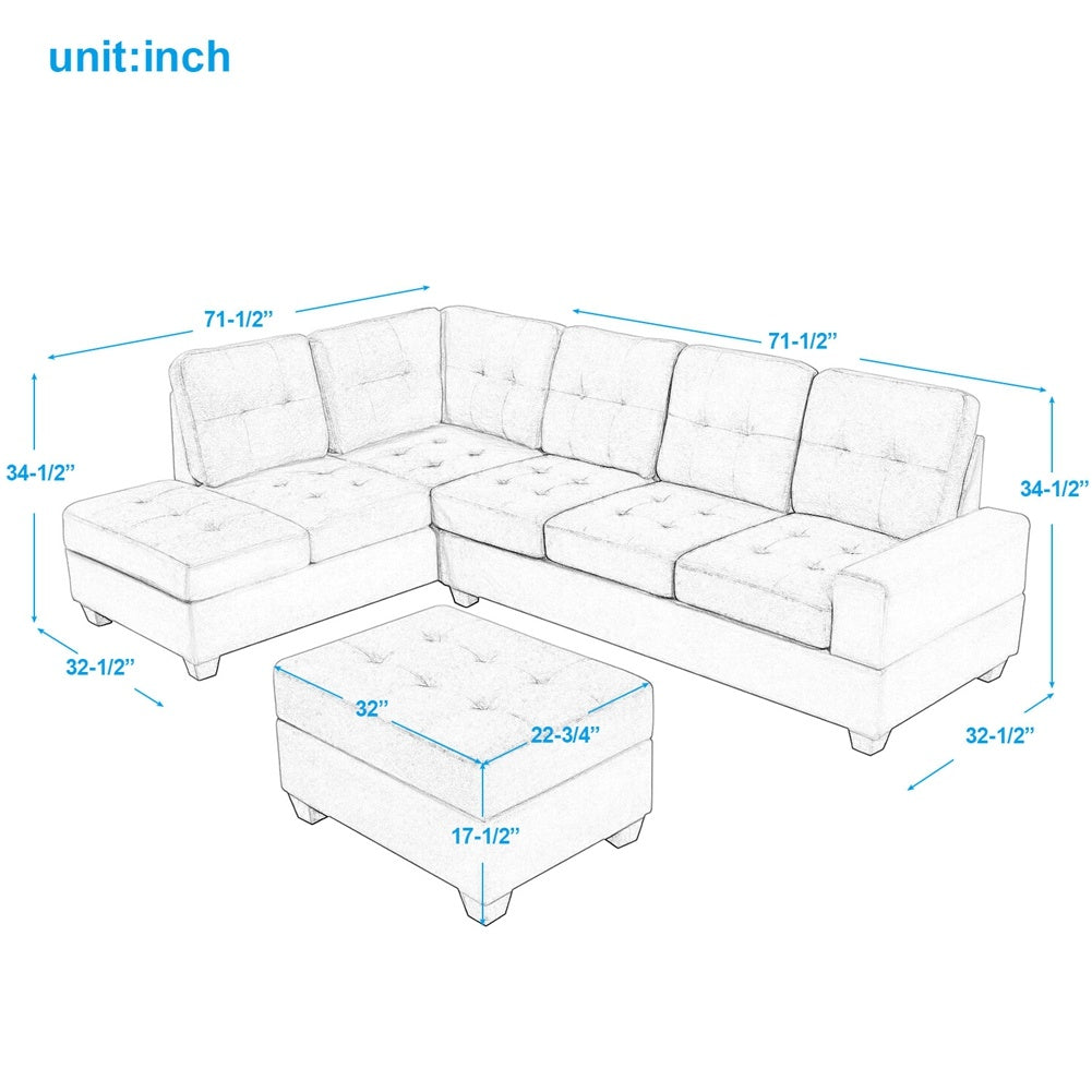 3 PCS Sectional Sofa Microfiber with Reversible Chaise Lounge Storage Ottoman and Cup Holders